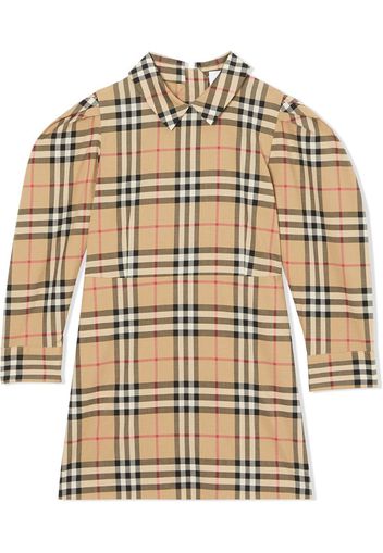 puff-sleeve vintage check dress