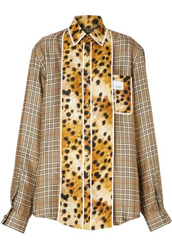 spotted monkey print panel check oversized shirt