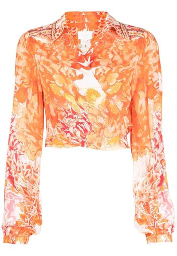 Camilla floral-print silk wrap shirt - Orange