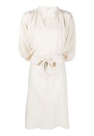 Closed tie-waist gathered dress - White