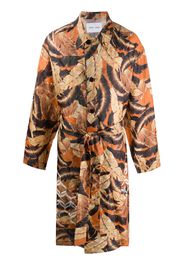 leaf-print belted trench coat