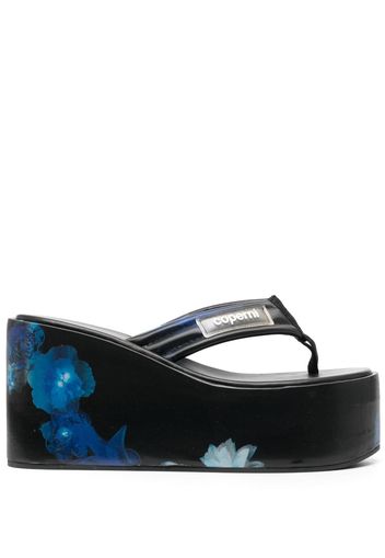 Coperni floral-print holographic wedge sandals - Blue