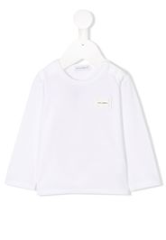 photograph-print cotton polo shirt Kids logo plaque long sleeve top - White