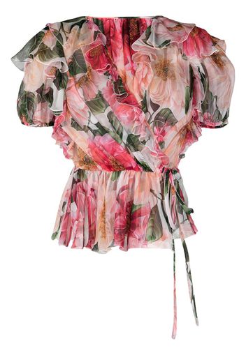 ruffled camellia-print V-neck top