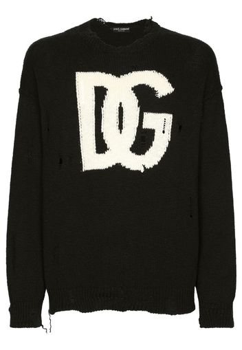 Dolce & Gabbana ripped-detail intarsia-knit logo sweater - Black