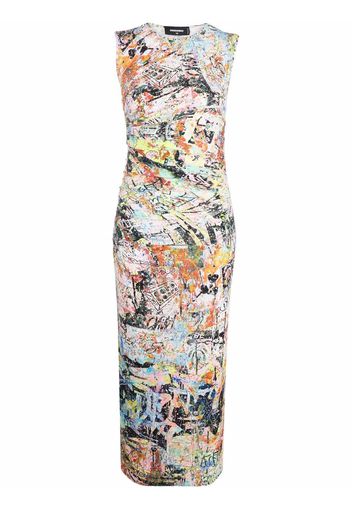 Dsquared2 abstract-print gathered-detail midi dress - White