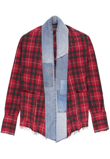 Greg Lauren check-print denim-detail open shirt - Red