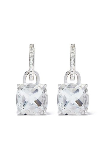 18kt white gold Kiki Classics cushion cut white topaz and diamond detachable hoop earrings