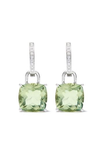 18kt white gold Kiki Classics cushion cut green amethyst and diamond detachable hoop earrings