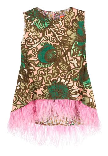 La DoubleJ painterly-print feather-detail top - Green