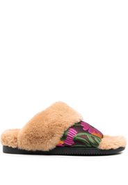 La DoubleJ faux-fur floral strap slides - Neutrals