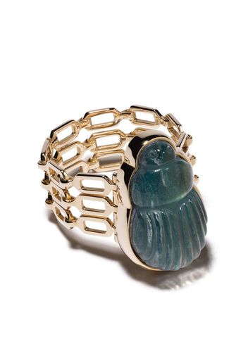 14kt yellow gold big Sienna labradorite scarab and diamond triple chain ring