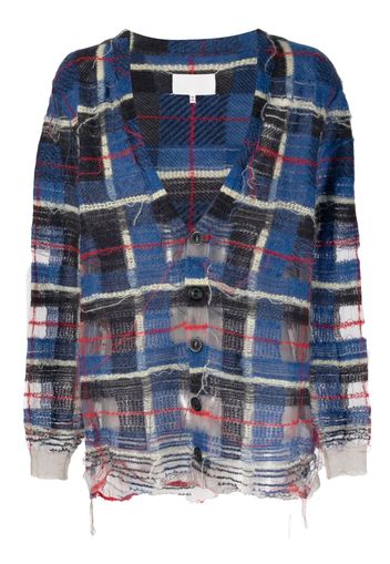 Maison Margiela distressed plaid-check print cardigan - Blue