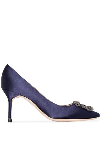 Manolo Blahnik navy Hangisi 70 crystal buckle silk satin pumps - Blue