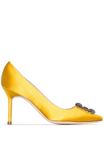 Manolo Blahnik yellow Hangisi 90 crystal buckle silk satin pumps