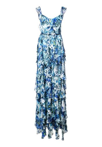 Marchesa Notte long sleeveless ruffle dress - Blue