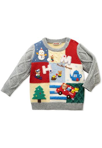 Miki House Animal Friends patchwork knitted jumper - Grey