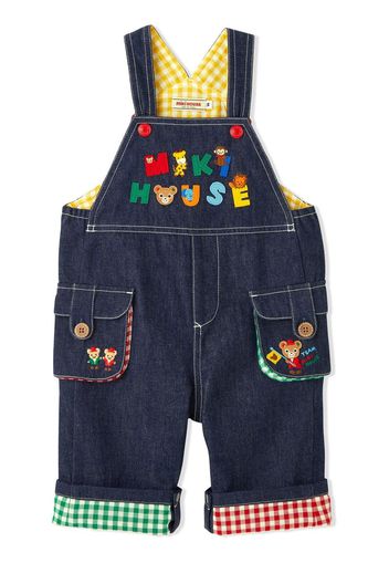 Miki House embroidered-logo denim short dungarees - Blue