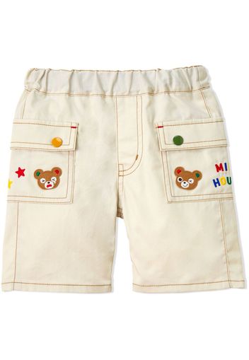 Miki House embroidered-logo bear-patch shorts - White