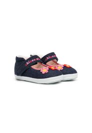 Miki House floral-embroidery denim ballerina shoes - Blue