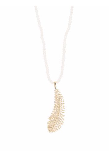 Mizuki 14kt yellow gold long Dancing pearl large diamond feather necklace