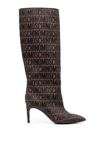 Moschino logo-print high-knee boots - Brown