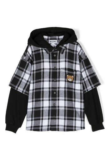 Moschino Kids Teddy Bear-patch hooded check shirt - Black