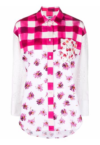 MSGM checked floral-print long-sleeve shirt - White