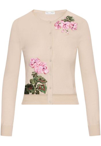 Oscar de la Renta Geranium-embroidered virgin-wool cardigan - Neutrals