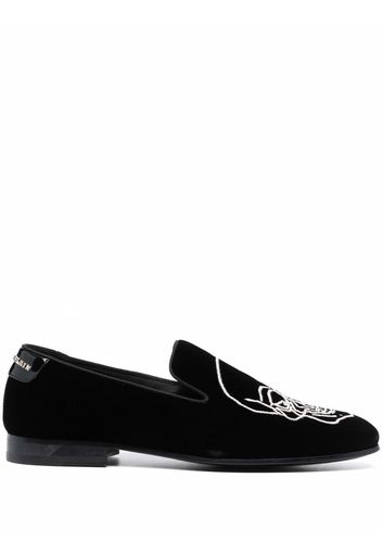 Philipp Plein skull-embroidered velvet loafers - Black