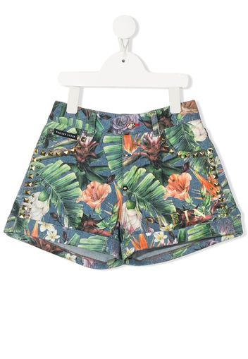 Philipp Plein Junior floral-print studded shorts - Blue