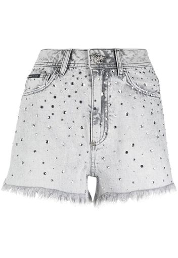 Philipp Plein frayed crystal-embellished denim shorts - Grey