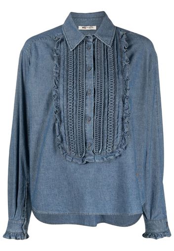 Ports 1961 pleated long-sleeve denim shirt - Blue