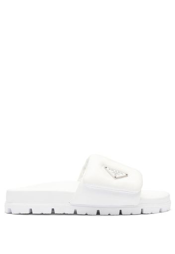 Prada logo-plaque padded leather slides - White