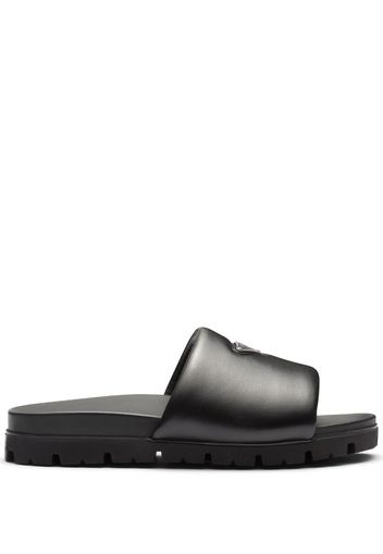 Prada logo plaque brushed leather slides - Black