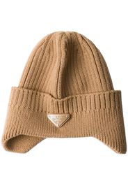 Prada enamel-logo wool beanie - Brown