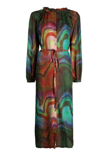 Raquel Allegra wave pattern frilled-neckline silk dress - Multicolour