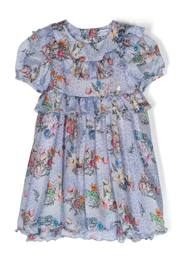 Roberto Cavalli Junior mix-print ruffle-detail silk dress - Blue