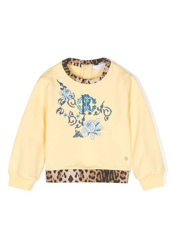 Roberto Cavalli Junior leopard-trimmed embroidered sweatshirt - Yellow