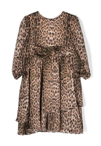 Roberto Cavalli Junior leopard-print long-sleeve silk dress - Neutrals