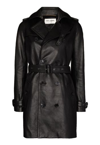 double-breasted leather trench coat