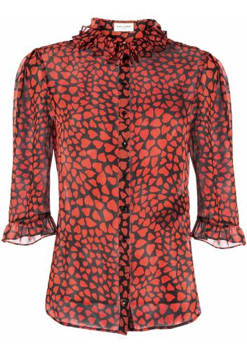 Saint Laurent ruffle-trim love heart-print blouse - Red