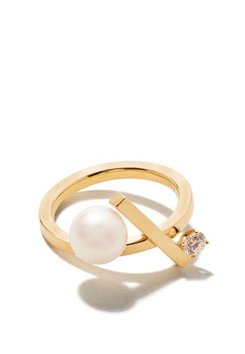 18kt yellow gold Balance cross Akoya pearl and diamond ring