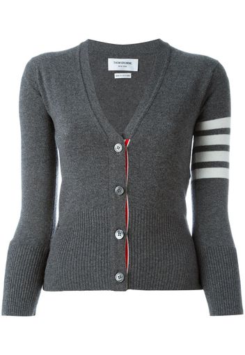 Thom Browne Classic V-Neck Cardigan In Cashmere With White 4-Bar Sleeve Stripe - Grey