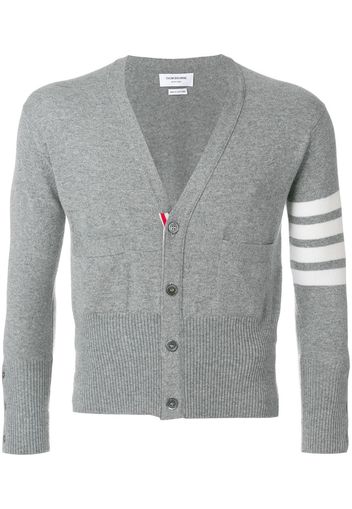 Thom Browne Short V-Neck Cardigan With 4-Bar Stripe In Light Grey Cashmere