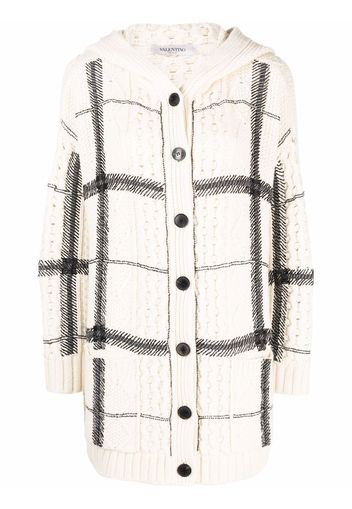 Valentino bead-embellished check-pattern hooded cardigan - White