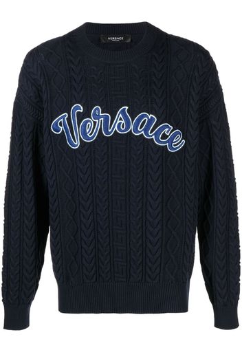 Versace logo appliqué cable-knit jumper - Blue