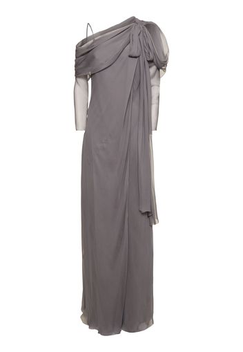 Draped Chiffon & Satin Long Sleeve Dress