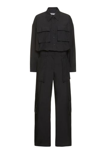 Button Up Cotton Blend Cargo Jumpsuit