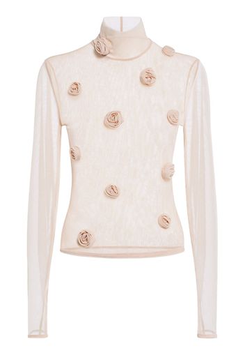 Tulle Long Sleeve Top W/ Roses